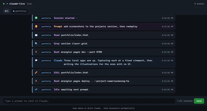 claude-live viewer: a dark terminal-style feed of session events — prompt, Read, Grep, Bash, Edit — each with a timestamp, and a prompt box at the bottom to type back into the session.