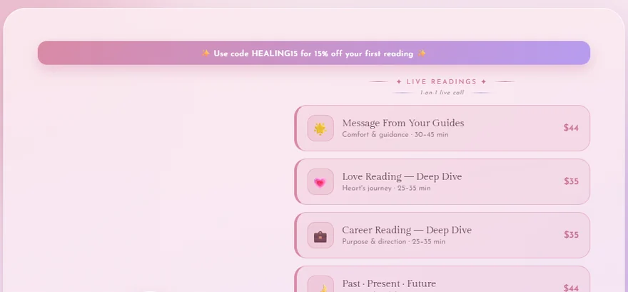 Light Healing Fairy storefront: a promo-code banner across the top, a Live Readings heading, and product cards for each reading showing name, duration and price.