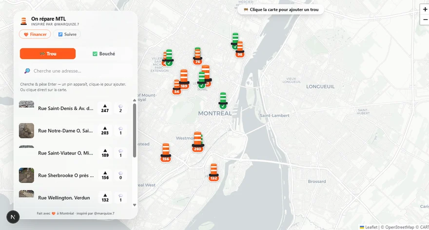 mtlpothole map of Montréal with orange traffic-cone markers showing vote counts, green cones for filled holes, and a sidebar ranking streets by votes.